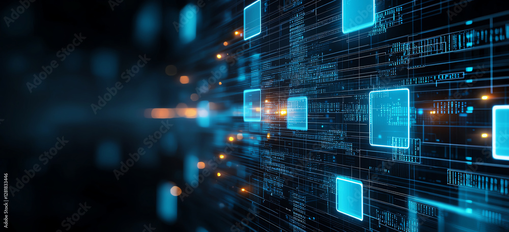 Fototapete abstract background with glowing blue data flow and digital elements, creating futuristic atmosphere
