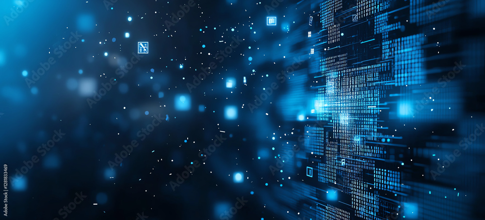 Poster abstract background with blue glowing data flow, digital elements, and light particles creating futu