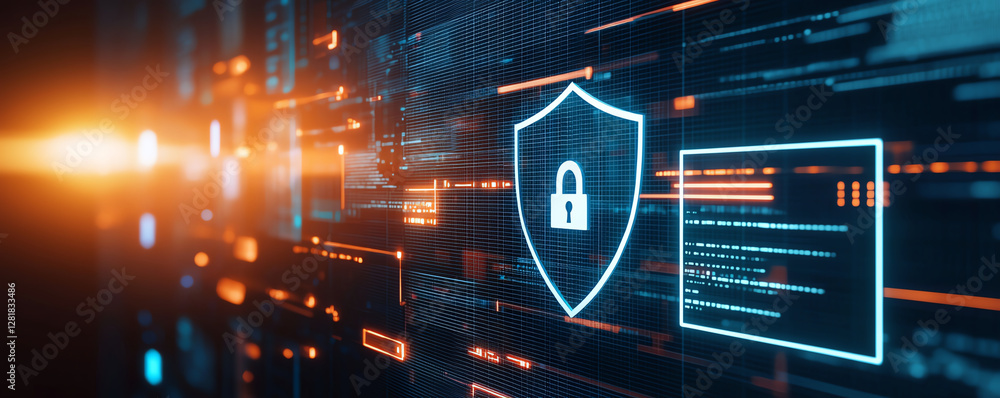 Aufkleber digital security concept featuring shield and lock symbol, surrounded by glowing data streams and sc
