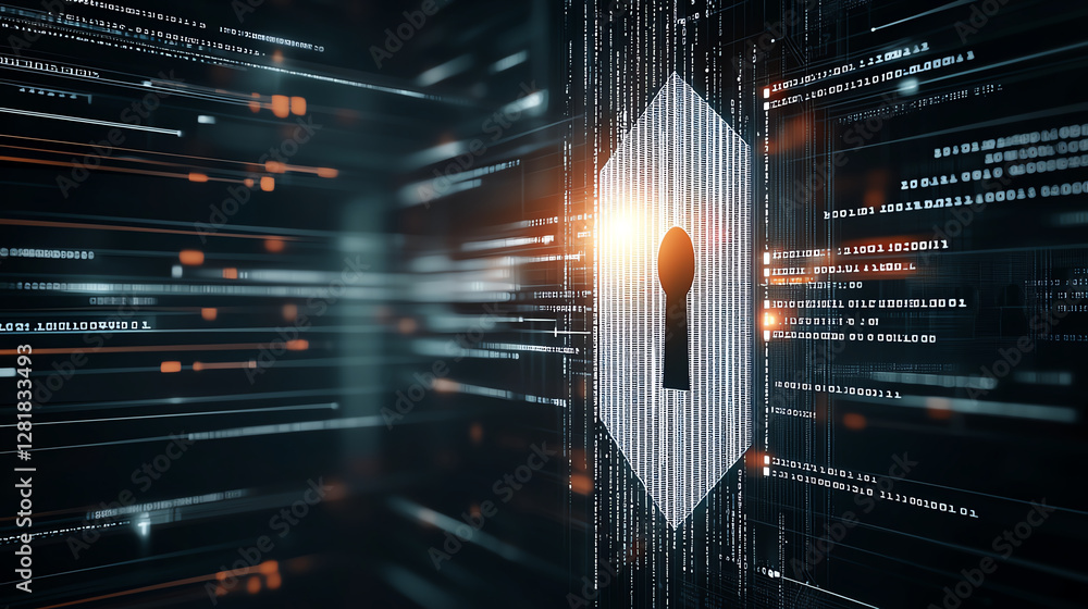 Poster digital keyhole with binary code and glowing lines, symbolizing security and data protection