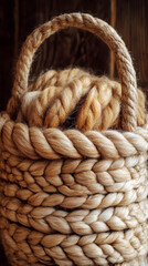 Fototapeta premium Rustic woven basket filled with thick woolen yarn, creating a cozy and organic aesthetic. The textured fibers evoke warmth and handmade craftsmanship, making it perfect for artisanal.
