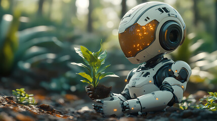 Humanoid Robot Holding Plant Seedling in Soft Green Lighting Symbolizing Harmony Between Technology and Nature
