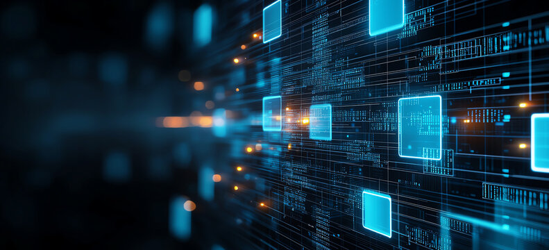 Abstract background with glowing blue data flow and digital elements, creating futuristic atmosphere. Ideal for technology and innovation themes