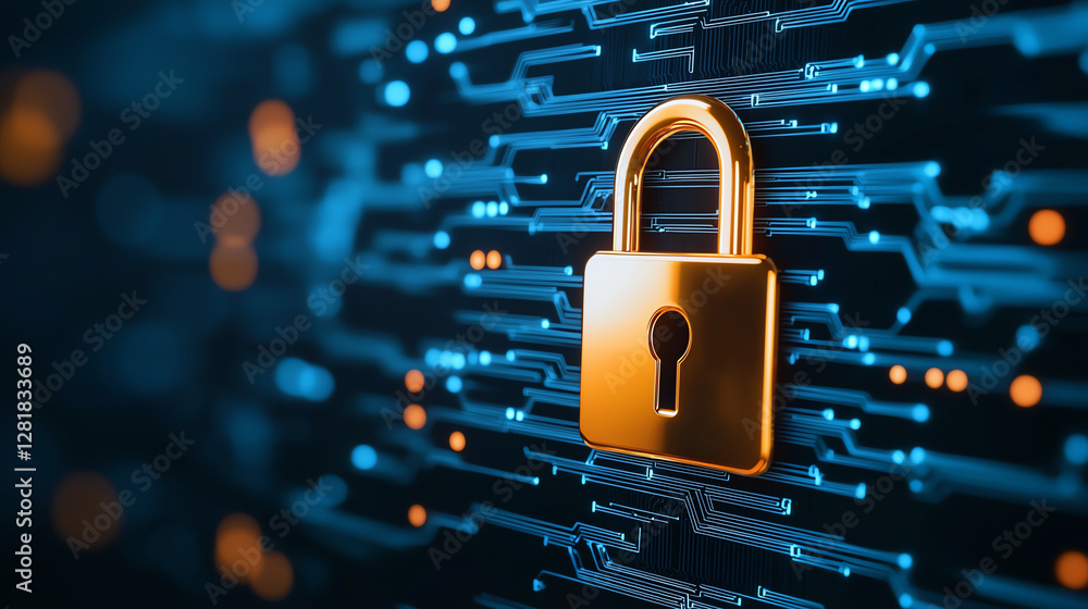 Poster digital padlock icon symbolizes security and protection in data network. vibrant colors and intricat