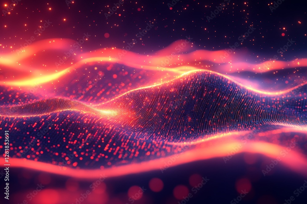 Poster vibrant digital waves illuminated by colorful particles create a stunning visual effect in a futuris