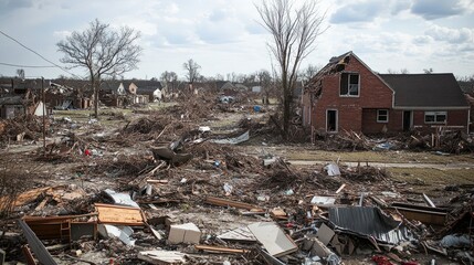 A devastated neighborhood is left in ruins, with twisted metal and shattered wood strewn across the ground after a ferocious tornado strike.