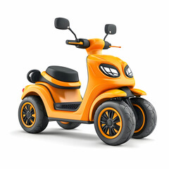 A yellow scooter with orange wheels