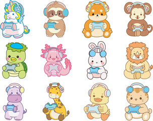 Set Vector Stock Illustrations Isolated of Baby Animals.
Cute animals with various activities.
Funny sticker of animal kids.