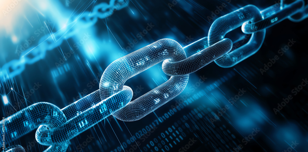 Poster digital representation of blockchain chain link, showcasing technology and innovation in futuristic 