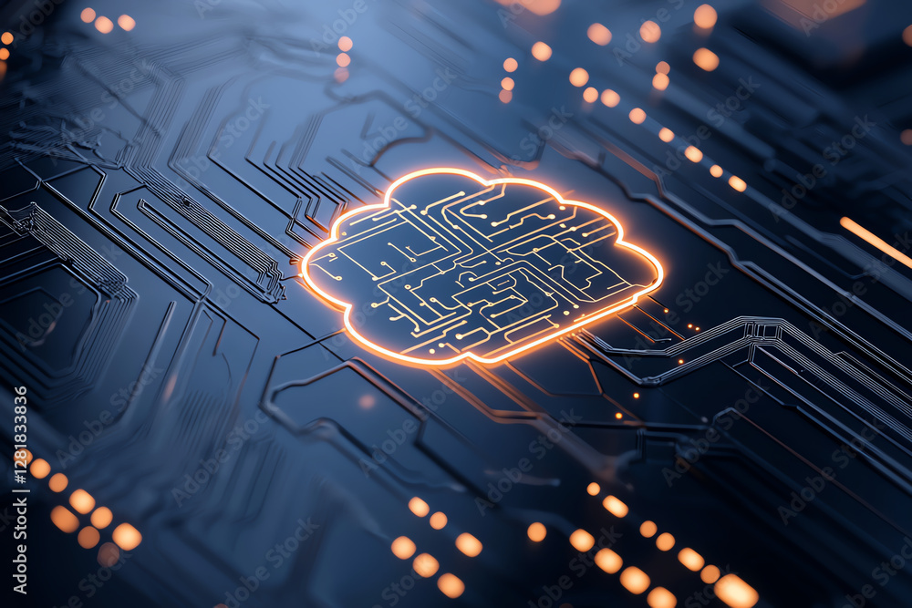Poster digital cloud with circuit board patterns, glowing in blue and orange hues, symbolizes technology an