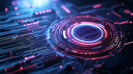 Futuristic neon shield icon on circuit board, showcasing vibrant colors and intricate patterns. This digital artwork represents technology and innovation
