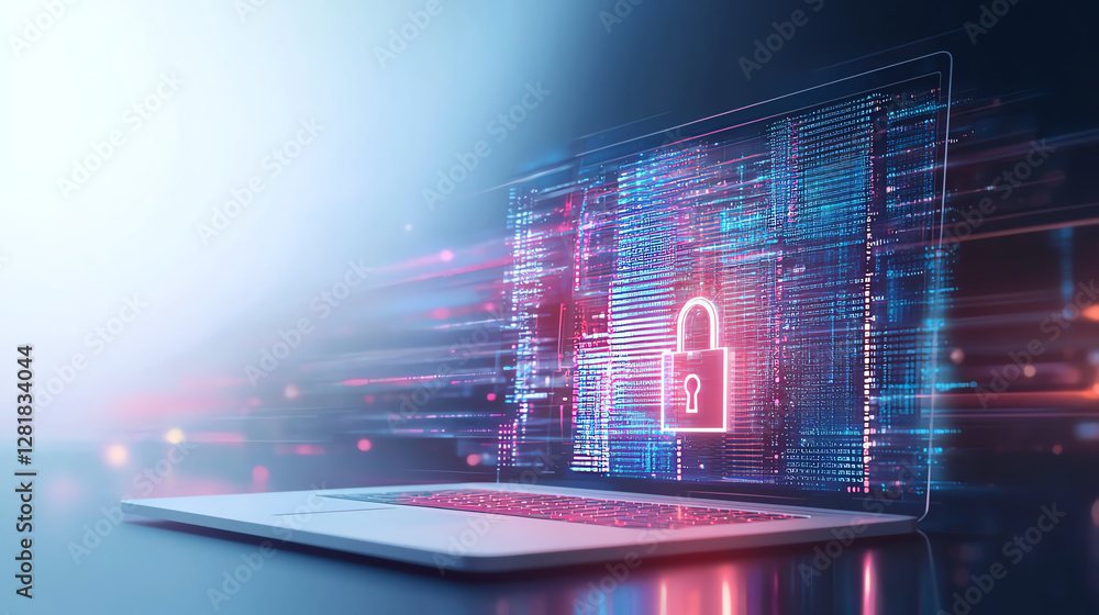 Poster laptop with digital padlock symbolizes cybersecurity and data protection, showcasing vibrant colors 