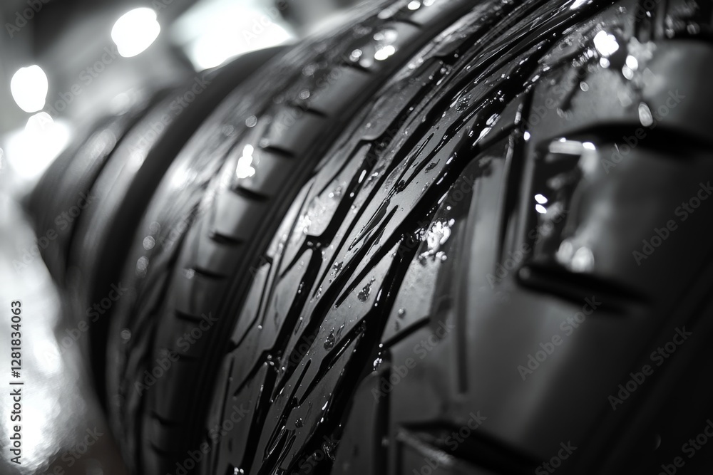 Poster wet high-performance tire showcasing tread pattern in a workshop setting