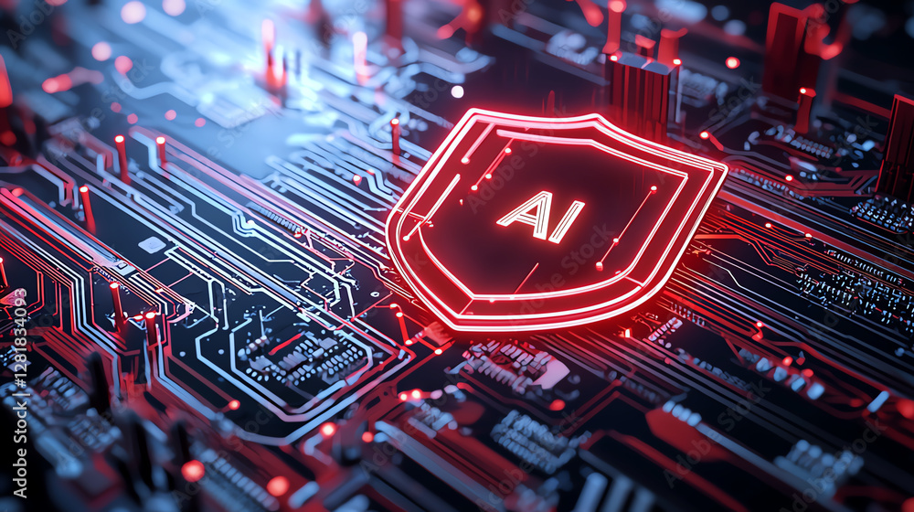 Aufkleber neon shield icon representing artificial intelligence on circuit board, showcasing technology and in