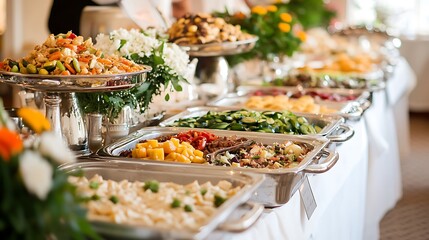 Elegant Buffet Display with Variety of Food and Floral Decorations