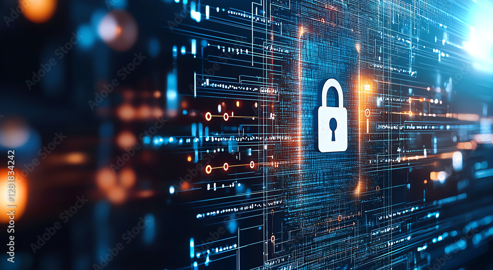 Poster digital security concept with padlock symbol on network background, representing data protection and