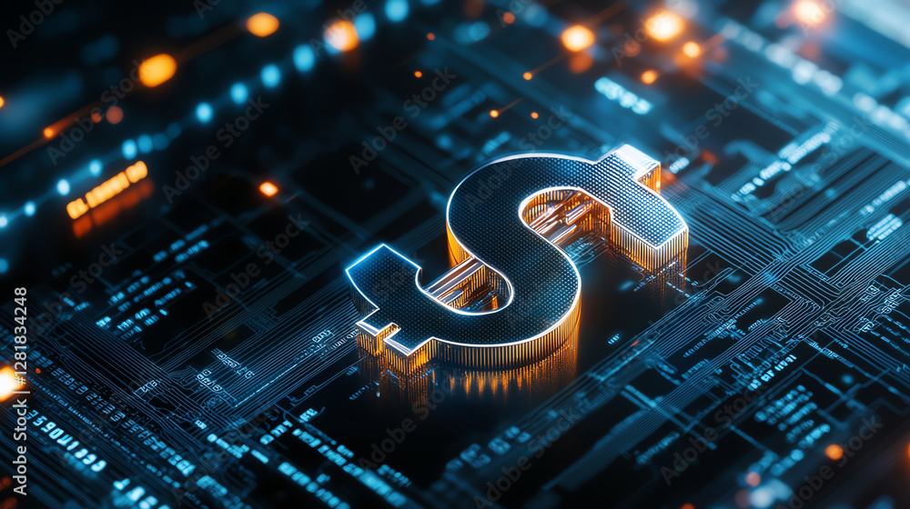Poster glowing dollar sign on digital circuit board, symbolizing finance and technology. vibrant colors and