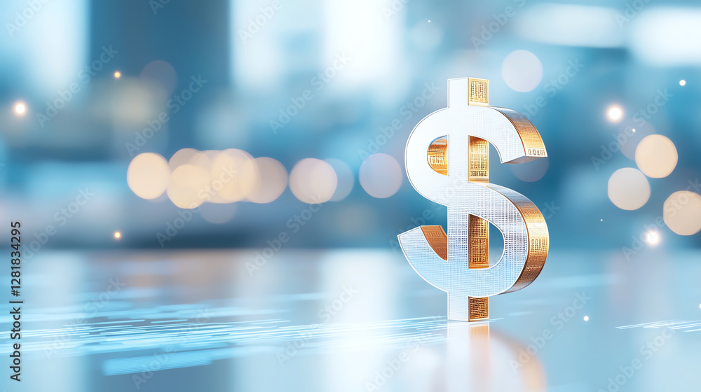 Poster 3d rendering of dollar sign on digital background with bokeh effect, symbolizing finance and wealth