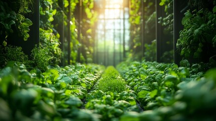 Fototapeta premium Illuminated Indoor Farm: Lush Greenery and Sustainable Agriculture Thriving Under Controlled Conditions with Radiant Sunlight Filtering Through.