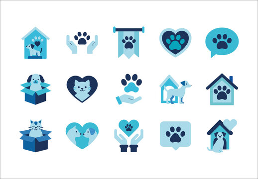Blue Pet Adoption Shelter Pawprint Icons Set
