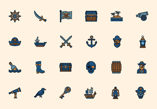 Blue and Brown Pirate Adventure Nautical Icons Set