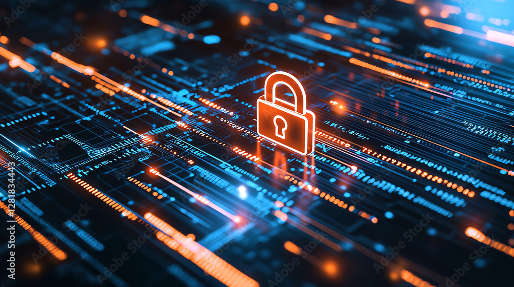 Poster digital padlock on abstract data background, symbolizing security and protection. vibrant blue and o