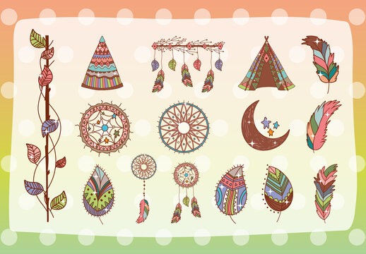 Colorful Boho Decorative Dreamcatcher Illustration Set