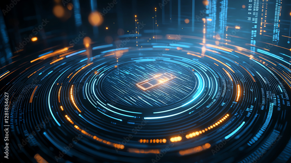 Poster digital lock icon surrounded by glowing circular patterns and data streams, representing security an