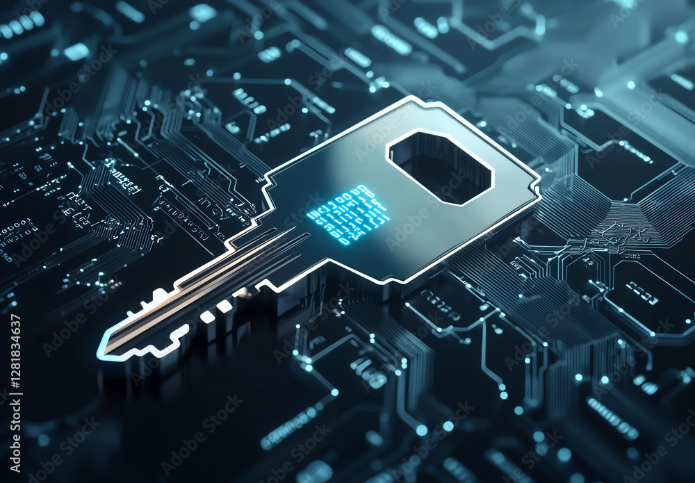 Aufkleber digital key with binary code on circuit board background, symbolizing cybersecurity and technology. 