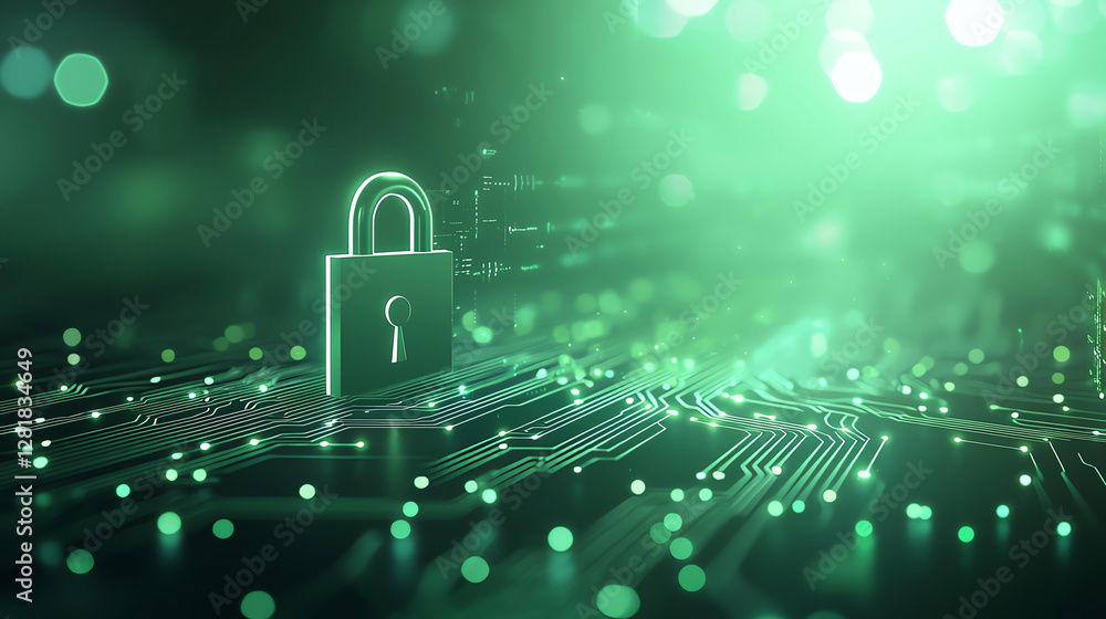 Poster digital padlock symbolizing cybersecurity on glowing circuit board background, representing data pro