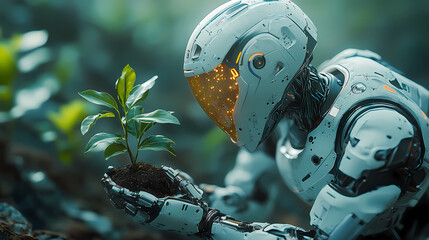 Humanoid Robot Holding Plant Seedling in Soft Green Lighting Symbolizing Harmony Between Technology and Nature