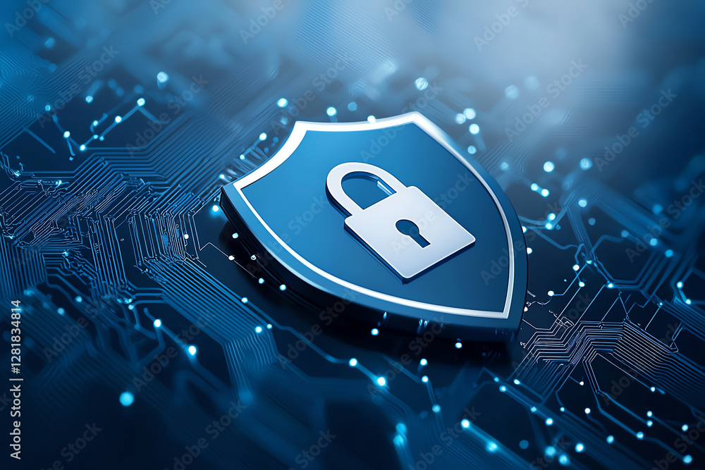 Poster digital shield symbolizing computer security, featuring padlock on circuit board background, conveys