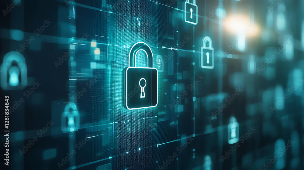 Poster digital security background featuring glowing padlocks and data streams, symbolizing protection and 