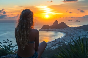 Tourist enjoying breathtaking sunset over ipanema beach in rio de janeiro, brazil