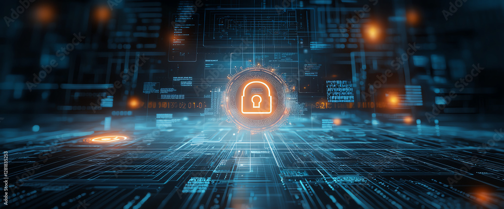 Poster digital security concept with glowing lock symbol in futuristic environment