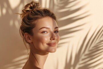 Radiant young woman smiling in natural light with soft tropical leaf shadows. Generated AI