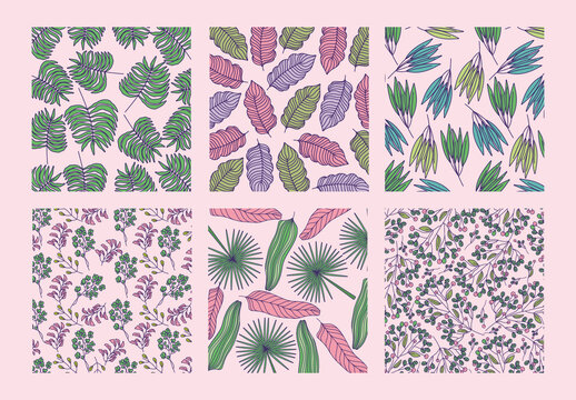 Colorful Leaves Nature Floral Seamless Pattern Set