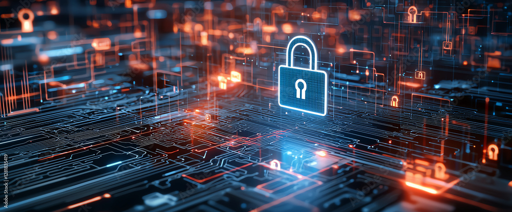Poster digital security concept with glowing padlock on circuit board