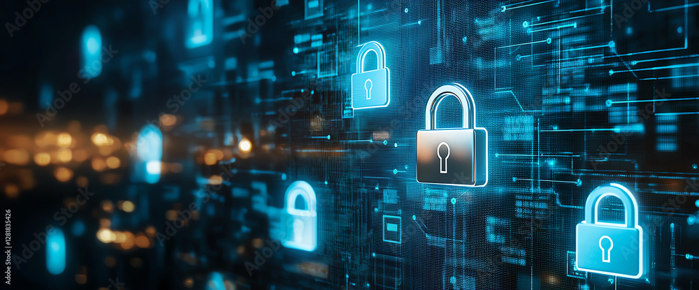 Poster digital background featuring glowing padlocks representing cybersecurity and data protection. blue t