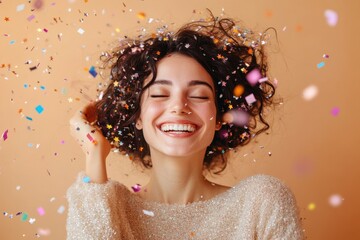 Overjoyed young woman celebrates surrounded by vibrant confetti in a fun and cheerful atmosphere. Generated AI