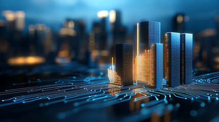 Digital city skyline with glowing data visualization on circuit board