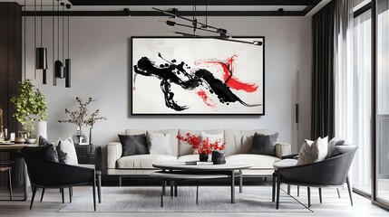 Abstract Ink Painting Adorns Modern Living Room