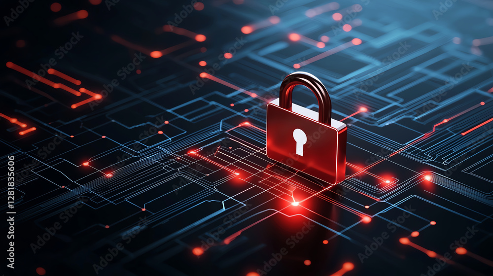Poster digital padlock icon on network connection, symbolizing security and protection in technology. vibra