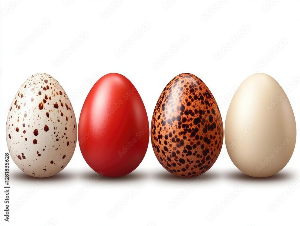 Poster four uniquely patterned eggs arranged in a row, showcasing diverse colors and textures