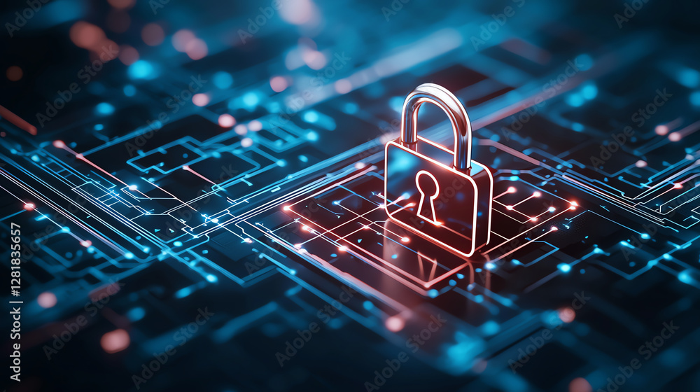 Poster digital padlock icon on network connection, symbolizing security and protection in technology. glowi