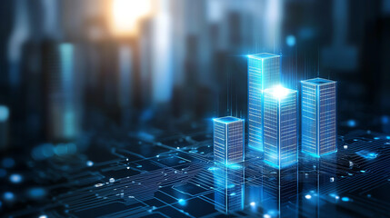 futuristic cityscape with glowing skyscrapers on digital circuit board, symbolizing technology and innovation. scene conveys sense of progress and modernity