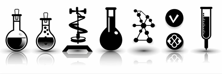 Science Lab Icons: A collection of diverse science lab icons, meticulously designed in black and white, symbolizing chemistry, experiments, and scientific research.
