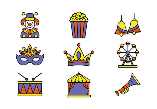 Orange and Purple Festival Circus Amusement Icons Set
