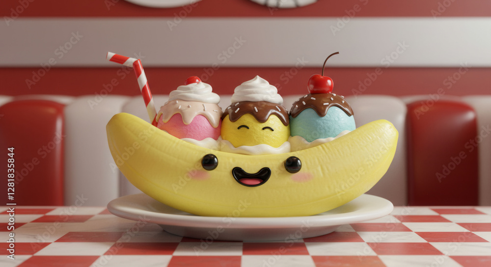 Poster a cartoon banana with three ice cream scoops on top of it. the banana is smiling and the ice cream i