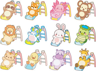 Set Vector Stock Illustrations Isolated of Baby Animals.
Cute animals with various activities.
Funny sticker of animal kids.